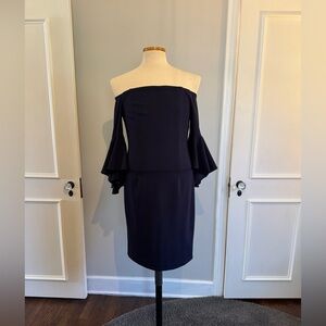 Navy Blue Body-Con Midi Dress, Off the Shoulder with Bell Sleeves - Size 8